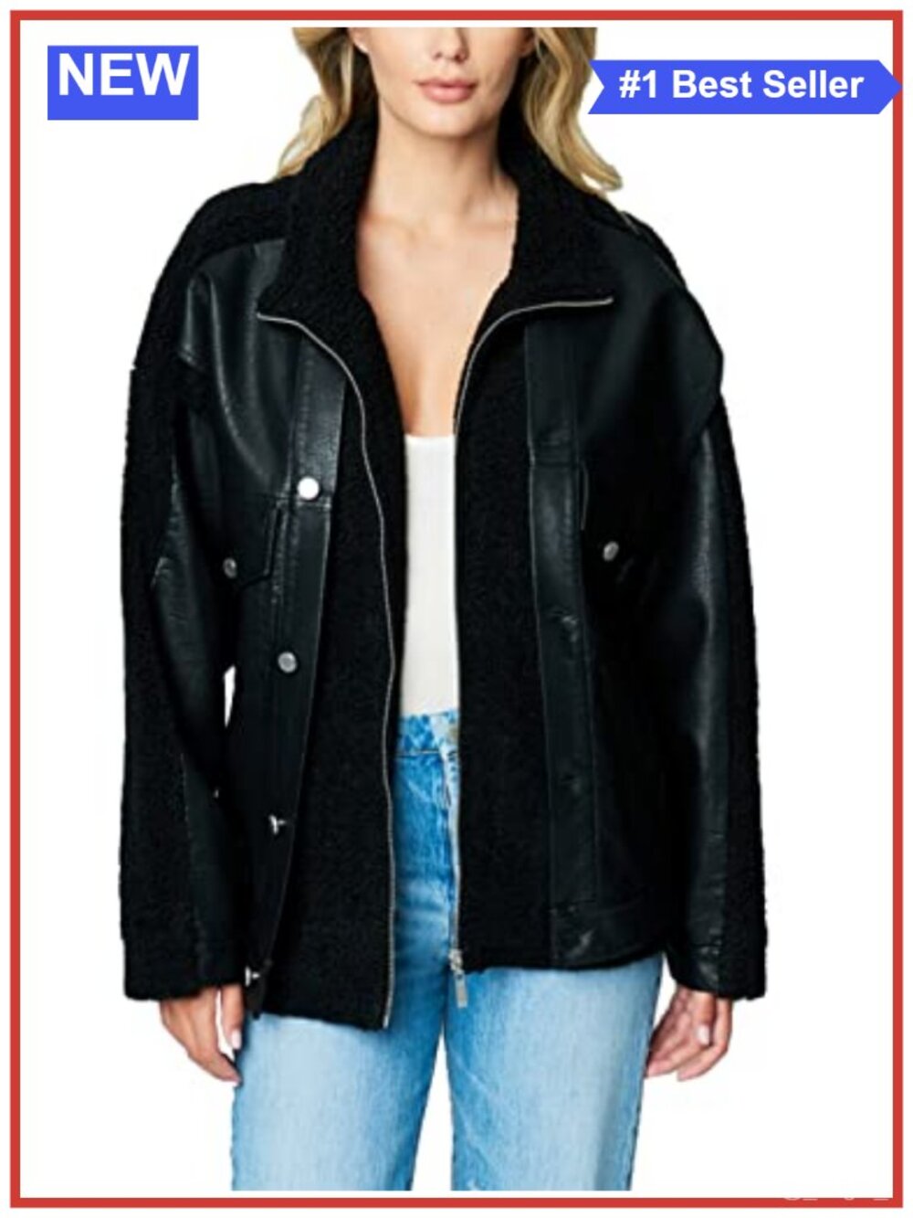 Sherpa Vegan Leather Trucker Jacket Aviator Style Classic Fit Fall